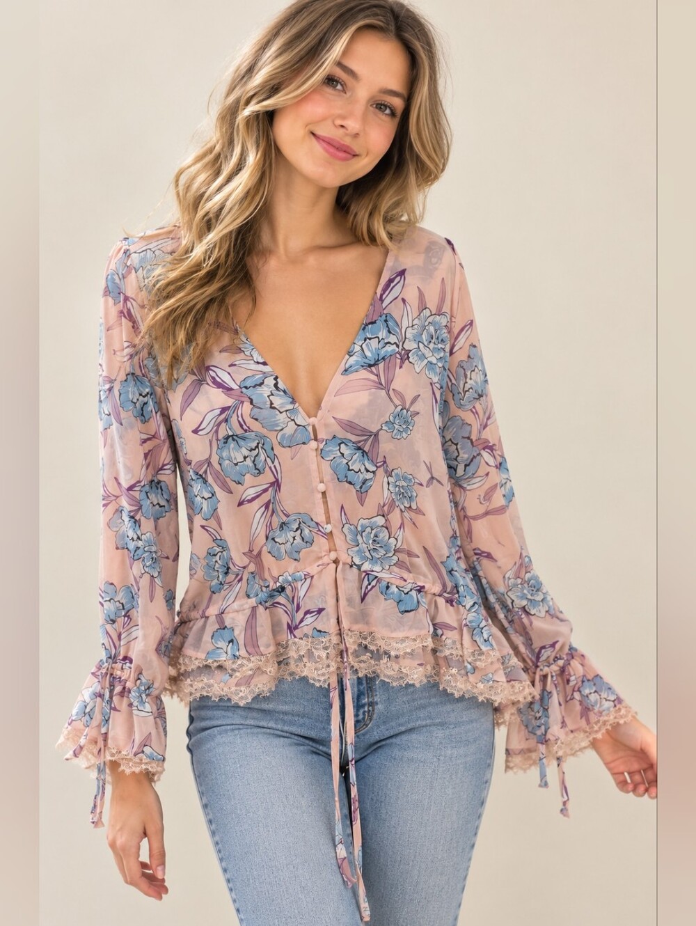 5/50$ Buffalo David Bitton Floral Adjustable Waist Blouse XS Boho Feminine